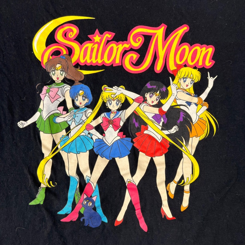Sailor Moon Graphic T-Shirt Womens Medium Black Anime AOP Crew Neck Tee